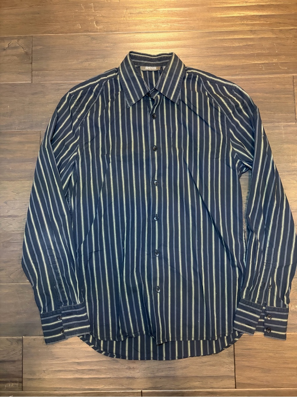 Kenneth Cole Reaction Navy Blue green Striped Dress Shirt. Size Small.
